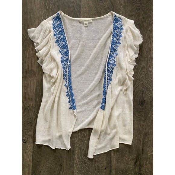Banana Republic Embroidered Flutter Sleeve Linen Rayon White Blue Cardigan Top M - Picture 1 of 4